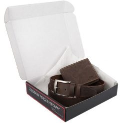 Zestaw prezentowy męski skórzany pasek portfel pudełko premium Beltimore Z55. Brązowe paski damskie bez wzorów. Za 100.99 zł.