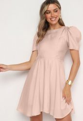 Różowa Rozkloszowana Sukienka z Bufiastymi Rękawami Elifea. Czerwone sukienki damskie Born2be, m, z aplikacjami, z jeansu, eleganckie, bez kołnierzyka, bez ramiączek, mini, rozkloszowane. Za 109.99 zł.
