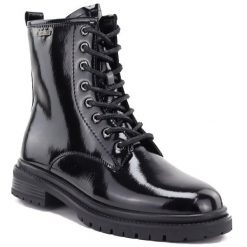 Skórzane botki damskie glany lakierowane czarne Big Star UU274613. Czarne botki damskie Big Star, z lakierowanej skóry, retro, bez obcasa, bez zapięcia. Za 279.99 zł.