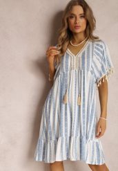 Niebieska Sukienka Kharousa. Niebieskie sukienki damskie Renee, na lato, xl, z aplikacjami, wakacyjne, bez kołnierzyka, bez ramiączek, mini, rozkloszowane. Za 49.99 zł.