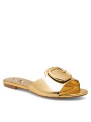 Eva Minge Klapki REGINE-SL2273-1 Złoty. Żółte klapki damskie Eva Minge, bez wzorów, z lakierowanej skóry, bez obcasa. Za 169.99 zł.
