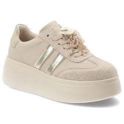 Sneakersy damskie S.Barski o sportowym fasonie z kontrastowymi połyskującymi wstawkami ozdobnymi perełkami i wysoką masywną platformą beżowe, GR62-60. Brązowe półbuty damskie S.BARSKI, bez wzorów, z jeansu, casualowe, bez obcasa, na platformie, bez zapięcia. Za 239.00 zł.
