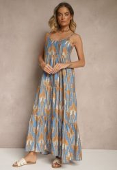 Niebiesko-Beżowa Sukienka w Stylu Boho z Cienkimi Regulowanymi Ramiączkami Tosena. Niebieskie sukienki damskie Renee, na co dzień, na lato, l, bez wzorów, boho, bez kołnierzyka, bez ramiączek, maxi. Za 49.99 zł.