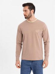 Longsleeve bawełniany męski z dekoltem U w paski i haftem brązowy V6 OM-LSCL-0128 XXL. Brązowe bluzki z długim rękawem męskie Ombre, m, bez wzorów, z bawełny, bez kołnierzyka. Za 196.65 zł.
