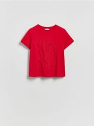 T-shirt z kwiatową aplikacją - czerwony. Czerwone t-shirty damskie Reserved, l, z aplikacjami, z bawełny, bez kołnierzyka. Za 79.99 zł.