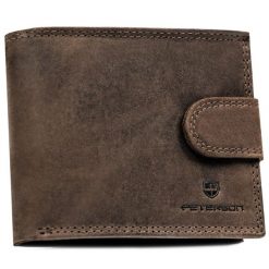 Zestaw prezentowy: brelok i brązowy, skórzany portfel męski z zapięciem na zatrzask - Peterson. Brązowe portfele męskie Peterson, bez wzorów. Za 79.99 zł.