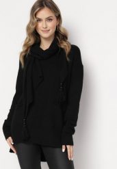 Czarny Sweter o Lekko Luźnym Kroju z Szalikiem w Komplecie Beruma. Czarne swetry damskie Born2be, na zimę, l, bez wzorów, bez kołnierzyka, bez ramiączek, bez kaptura. Za 109.99 zł.
