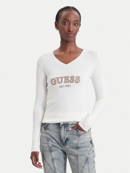 Guess Sweter W6BR55 Z1456 Kremowy Regular Fit. Białe swetry damskie Guess, xs, z aplikacjami, bez kołnierzyka, bez ramiączek, bez kaptura. Za 344.99 zł.