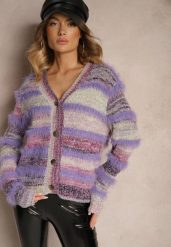 Fioletowy Rozpinany Kardigan z Wiskozą i Wełną w Paski Esamara. Fioletowe kardigany damskie Renee, bez wzorów, z jeansu, eleganckie, bez kołnierzyka, bez ramiączek, bez kaptura. Za 59.99 zł.