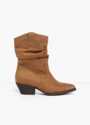 Botki kowbojki z marszczeniem. Brązowe botki damskie bonprix, eleganckie, bez obcasa, bez zapięcia. Za 169.99 zł.