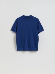 Sweter z krótkim rękawem - niebieski. Niebieskie swetry przez głowę męskie Reserved, l, bez wzorów, z bawełny, bez kołnierzyka. Za 99.99 zł.