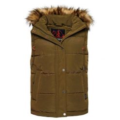 Damska kurtka puchowa bez rękawów ze sztucznego futra Superdry Everest. Zielone kurtki damskie Superdry., bez wzorów, z puchu, bez kaptura. W wyprzedaży za 499.75 zł.