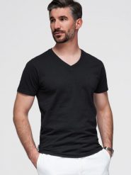 Męski sygnowany t-shirt V-neck z elastanem – czarny V3 - Rozmiar: S. Czarne t-shirty męskie Ombre Clothing, m, bez wzorów, z bawełny, eleganckie, bez kołnierzyka. W wyprzedaży za 52.50 zł.