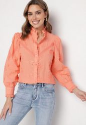 Pomarańczowa Bawełniana Koszula w Rustykalnym Stylu z Kwiatowym Haftem i Stójką Lanolira. Brązowe bluzki damskie Born2be, l, bez wzorów, z bawełny, eleganckie, bez kołnierzyka, bez ramiączek. Za 139.99 zł.