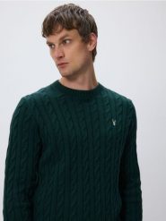 Sweter z warkoczowym splotem - ciemnozielony. Zielone swetry przez głowę męskie Reserved, l, bez wzorów, z bawełny, bez kołnierzyka. Za 139.99 zł.