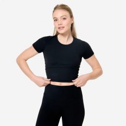Koszulka do jogi i pilatesu Breathe. Czarne koszulki sportowe damskie DOMYOS, xs, bez wzorów, z elastanu, bez kołnierzyka, bez ramiączek, na fitness i siłownię. Za 69.99 zł.