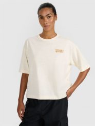 4F T-shirt oversize z nadrukiem damski - beżowy L. Brązowe koszulki sportowe damskie 4f, l, bez wzorów, z bawełny, bez kołnierzyka, bez ramiączek. W wyprzedaży za 39.99 zł.