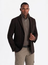 Męska elegancka marynarka w kratkę z domieszką wełny – ciemnobrązowa V3 OM-BLZB-0137 - XXL. Szare marynarki męskie Ombre Clothing, bez wzorów, z materiału, eleganckie. Za 251.99 zł.