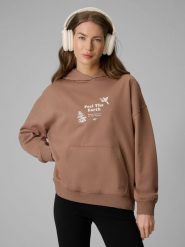 4F Bluza dresowa loose z kapturem damska - beżowa XS. Brązowe swetry damskie 4f, xs, bez wzorów, z bawełny, bez kołnierzyka, bez ramiączek, z kapturem. Za 189.99 zł.