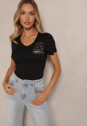 Czarny T-shirt Bawełniany z Nadrukiem i Dekoltem w Serek Elarinia. Czarne bluzki damskie Renee, m, bez wzorów, z bawełny, eleganckie, bez kołnierzyka. Za 29.99 zł.