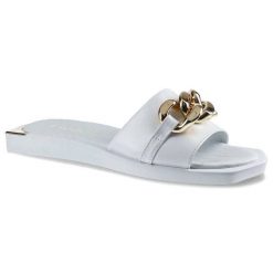 Klapki damskie Chebello, naturalna skóra licowa z szerokim paskiem ozdobionym metalowym łańcuchem oraz płaską podeszwą, białe, 2603-196-PSK. Białe sandały damskie CheBello, bez wzorów, ze skóry, bez obcasa, na płaskiej podeszwie, bez zapięcia. Za 189.00 zł.