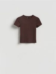 T-shirt slim fit z modalem - ciemnobrązowy. Brązowe t-shirty damskie Reserved, l, bez wzorów, z bawełny, bez kołnierzyka. Za 45.99 zł.