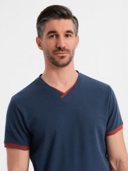 T-shirt męski z kontrastowymi wstawkami i dekoltem w serek granatowy V1 OM-TSCT-0198 M. Niebieskie t-shirty męskie Ombre, m, bez wzorów, bez kołnierzyka. Za 196.65 zł.