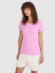 4F T-shirt regular z prążkowanej dzianiny damski - różowy L. Czerwone koszulki sportowe damskie 4f, l, bez wzorów, z bawełny, klasyczne, bez kołnierzyka. W wyprzedaży za 39.99 zł.