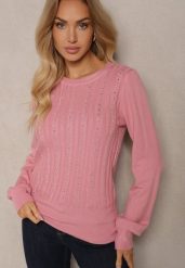 Różowy Sweter z Wiskozą Ozdobiony Cyrkoniami i Tłoczeniem Berini. Czerwone swetry damskie Renee, l, z aplikacjami, z jeansu, casualowe, bez kołnierzyka, bez ramiączek, długie, bez kaptura. Za 69.99 zł.