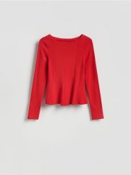 Bluzka z baskinką - czerwony. Czerwone bluzki damskie Reserved, l, bez wzorów, z bawełny, bez kołnierzyka, bez ramiączek. Za 99.99 zł.