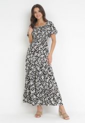 Czarna Rozkloszowana Sukienka Maxi w Kwiaty Casceia. Czarne sukienki damskie Born2be, m, bez wzorów, bez kołnierzyka, bez ramiączek, maxi, rozkloszowane. Za 74.99 zł.