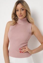 Jasnoróżowa Bluzka z Golfem bez Rękawów z Elastycznego Materiału Heliordia. Czerwone koszule damskie Born2be, uniwersalny, bez wzorów, eleganckie, bez kołnierzyka, bez ramiączek. Za 39.99 zł.