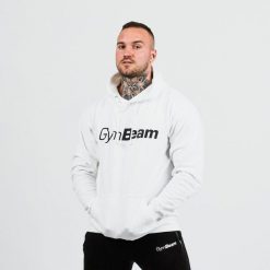 Bluza męska fitness z kapturem biała PRO Hoodie. Białe bluzy sportowe męskie GYMBEAM, m, bez wzorów, z bawełny, z kapturem, na fitness i siłownię. Za 88.90 zł.