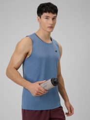 4F Koszulka treningowa regular szybkoschnąca męska - granatowa S. Niebieskie koszulki sportowe męskie 4f, m, bez wzorów, bez kołnierzyka, bez ramiączek, do biegania. Za 69.99 zł.