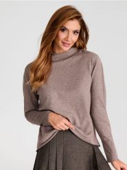 Sweter z wełną - brązowy. Brązowe swetry damskie Sinsay, l, bez wzorów, z materiału, klasyczne, bez kołnierzyka, bez ramiączek, długie, bez kaptura. Za 39.99 zł.