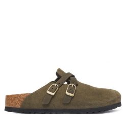 Klapki Birkenstock. Zielone klapki damskie Birkenstock, bez wzorów, bez obcasa. Za 674.99 zł.