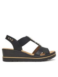 Rieker Sandały CEO-67498-00 Czarny. Czarne sandały damskie Rieker, bez wzorów, z materiału, bez obcasa, na koturnie, bez zapięcia. Za 319.99 zł.