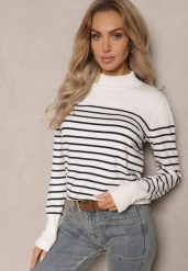 Biały Golf z Bawełną i Wiskozą w Paski z Nitami Viacira. Białe swetry damskie Renee, l, bez wzorów, z bawełny, casualowe, bez kołnierzyka, bez ramiączek, długie, bez kaptura. Za 69.99 zł.