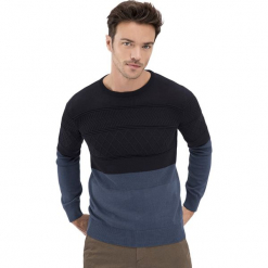 Sweter w kolorze czarno-niebieskim. Czarne swetry przez głowę męskie marki AVVA, Dewberry, z okrągłym kołnierzem. Za 289.95 zł.