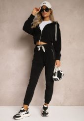 Czarny Komplet Dresowy z Dodatkiem Bawełny Spodnie z Gumką w Talii Bluza z Kapturem Sesaria. Czarne bluzy damskie Renee, l, bez wzorów, z bawełny. Za 119.99 zł.
