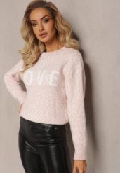 Różowy Sweter z Ozdobnym Napisem Wykończony Ściągaczami Minisoji. Czerwone swetry damskie Renee, l, bez wzorów, z elastanu, casualowe, bez kołnierzyka, bez ramiączek, bez kaptura. Za 99.99 zł.