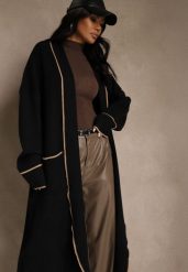 Czarny Niezapinany Kardigan o Długim Kroju z Lamówką Venisse. Czarne kardigany damskie Renee, bez wzorów, z jeansu, klasyczne, bez kołnierzyka, bez ramiączek, długie, bez kaptura. Za 109.99 zł.