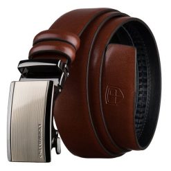 Brązowy pasek męski z automatyczną klamrą wykonany ze skóry naturalnej Peterson PTN A020-AB-BROWN. Brązowe paski damskie Peterson, bez wzorów, ze skóry, eleganckie. Za 69.99 zł.