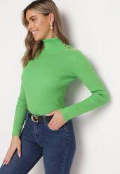 Zielony Golf z Ozdobnymi Nitami Lamani. Zielone swetry damskie Born2be, bez wzorów, bez kołnierzyka, bez ramiączek, długie, bez kaptura. Za 74.99 zł.