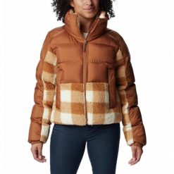 Kurtka Turystyczna Puchowa Damska Columbia Leadbetter Point Sherpa Hybrid. Brązowe kurtki damskie Columbia, m, bez wzorów, z puchu, bez kaptura, trekkingowe. W wyprzedaży za 492.90 zł.