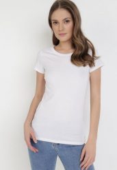 Biały T-shirt Gathanthei. Białe bluzki damskie Born2be, l, bez wzorów, z bawełny, klasyczne, bez kołnierzyka. Za 29.99 zł.