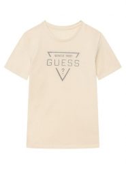 Guess T-Shirt L6RI30 I3Z14 Beżowy Regular Fit. Brązowe t-shirty dla chłopców Guess, z aplikacjami, z bawełny, bez ramiączek. Za 119.99 zł.