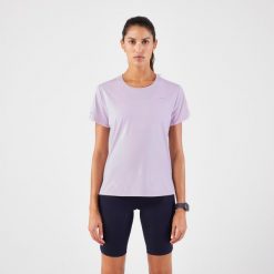 Koszulka do biegania damska Kiprun Run 500 Dry. Fioletowe koszulki sportowe damskie KIPRUN, l, bez wzorów, z elastanu, bez kołnierzyka, bez ramiączek, do biegania. Za 59.99 zł.