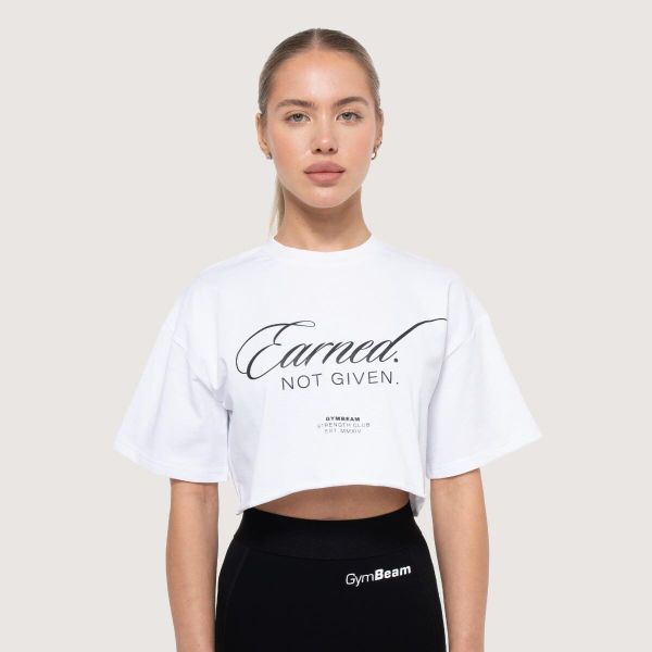 Koszulka damska functional training cropped Earned. Białe koszulki sportowe damskie GYMBEAM, l, bez wzorów, z bawełny, bez kołnierzyka, bez ramiączek, na fitness i siłownię. Za 79.90 zł.