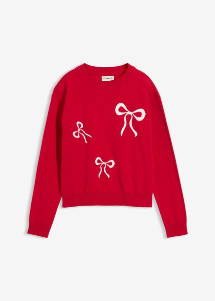 Cienki sweter z nadrukiem kokardki. Czerwone swetry dla dziewczynek bonprix, bez wzorów, bez kołnierzyka, bez ramiączek, bez kaptura. Za 79.99 zł.
